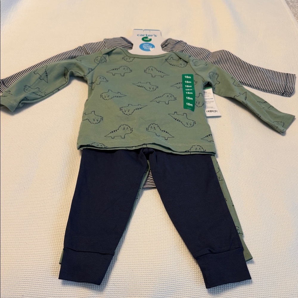 Carter's Baby 4 pcs Layette Set Olive Green and Blue Dino and Stripes 18 Months